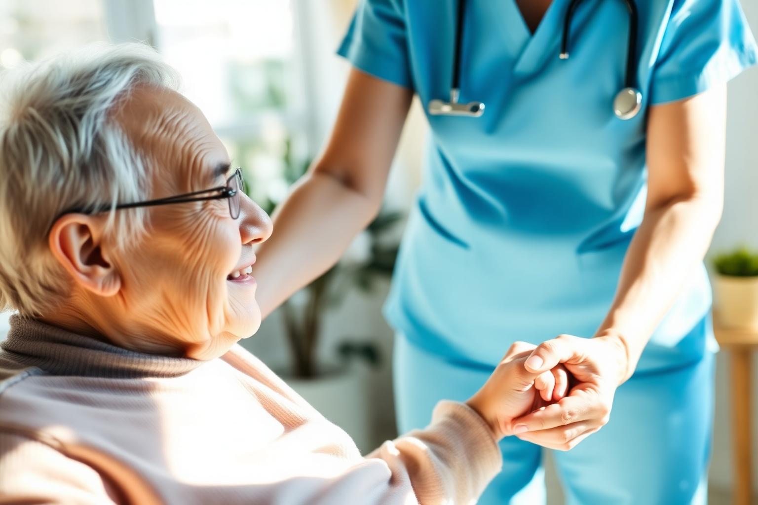 Compassionate nurse holding the hand of an elderly patient at home